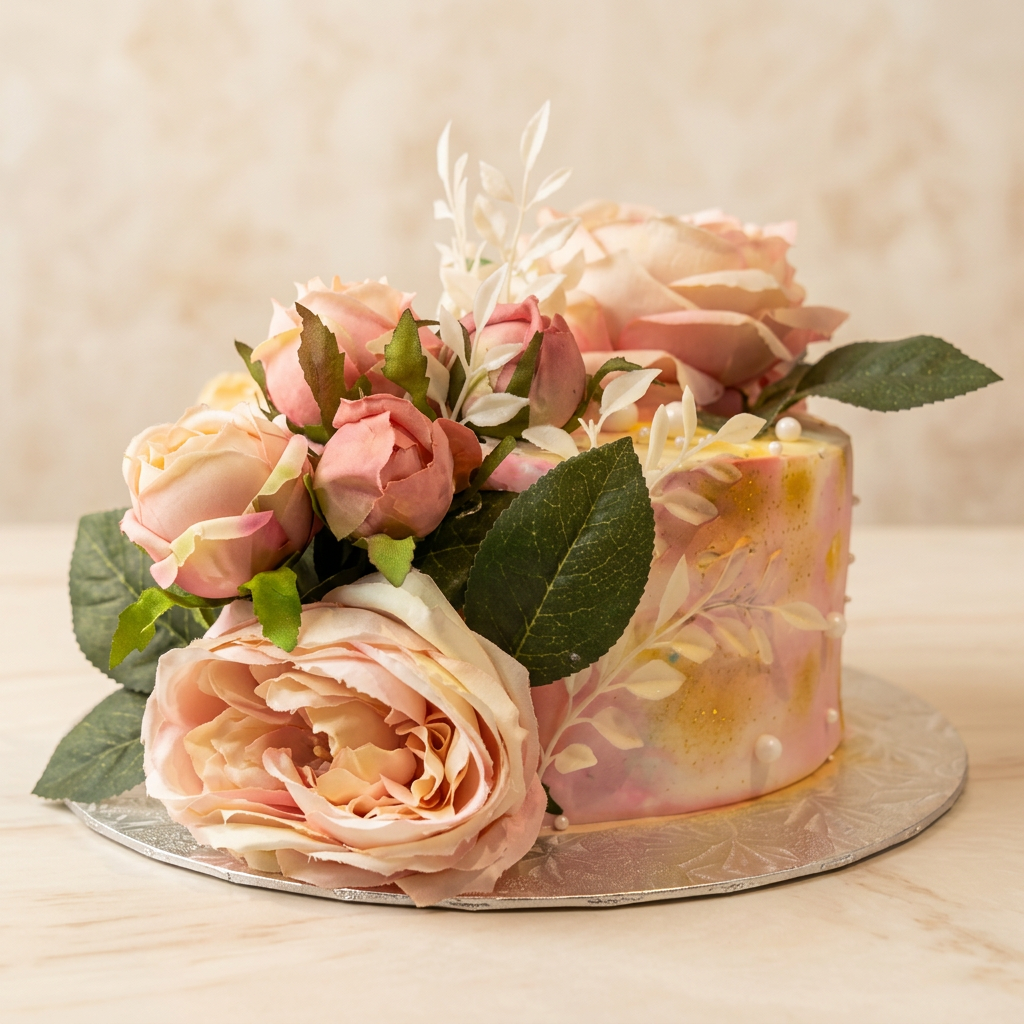 Marbled fondant cake topped with silk roses and greenery