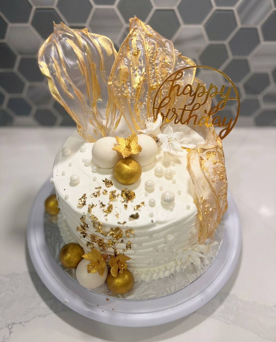 White birthday cake with gold sugar shards, gold leaf and pearls